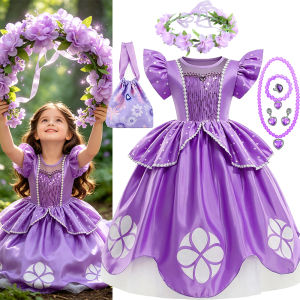 Sofia Costume Girl Kids Purple Princess Short Sleeve Dress with Flower Wreath Crown Necklace Wand for Girls Party Cosplay