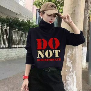 Red High Collar Loose Warm Top Trendy Large Size Long Sleeve Cotton T-Shirt for Women Spring Commute Style Cartoon Print