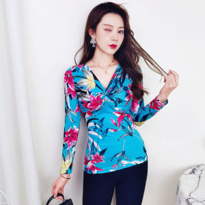 Áo Thun Nữ Cổ Chữ V in Họa Tiết Thắt Nút Bướm Ôm Vừa Vặn Dài Tay Mùa Thu Polyester Thường Ngày Phong Cách Hàn Quốc