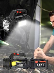 Senter Tangan 18 WATT + COB Super LED Portable Rechargeable Handheld Flashlight USB- C Multifungsi Waterproof 14 in 1 Tool Set Kit Box / Alat Perkakas Lampu LED Emergency SOS Merah Biru Obeng Meteran JKT-DL-119