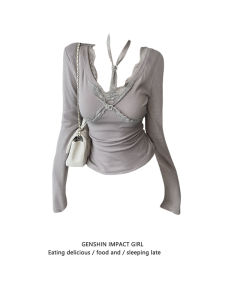 Sweet And Spicy Style Long Sleeve Modal T-Shirt Womens V-Neck Lace Patchwork Neck Hanging Top Slim Fit Spring Fashion