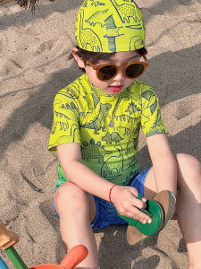 Boys Gradient Cartoon Dinosaur Swimwear Short Sleeve Onesie Quick Dry Swimming Suit Childrens Summer Fashionable Waterwear