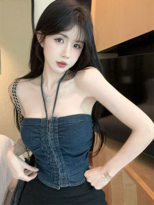 GUZILIAN | Retro Style Sleeveless Denim Off-Shoulder Crop Top