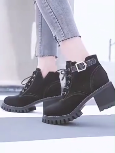 [COD]Fashion Women Martin Boots Ankle Boots Chunky Heel Lace Up Thick Sole Fabric Casual Black Booties Top Pick Recommended