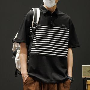 Loose Fit Short Sleeve Polo Shirt Mens Summer New Style Japanese Trendy Brand Youth Stripe Loose Collar T-Shirt Casual Wear