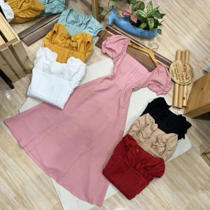 Đầm Maxi Xòe Cổ Vuông Dập Ly Ngực Tay Phồng Chun Thun Sau Co Giãn Dáng Rộng 60kg Trở Lại - Đầm Đi Tiệc Ulzzang