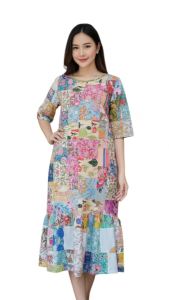 🌸 เดรสโบฮีเมียนชายระบาย (มีความยาวให้เลือก) | Handmade Patchwork ไม่ซ้ำแบบ | ผ้าป่านอินเดีย | อัดกาวทั้งตัว อยู่ทรงสวย | M–6XL