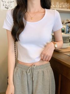 White Short Sleeve T-Shirt Womens Summer Slim Fit Versatile Base Layer Top Design Sensation Cotton Blend round Neck Ultra Short