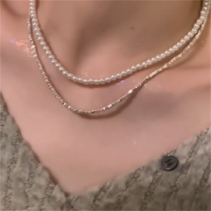 Zoozmini Double Layer Xiaomi Bead Pearl Necklace Womens Luxury Silver Fragments Lockbone Chain New Model High-End Feel Neck Chain