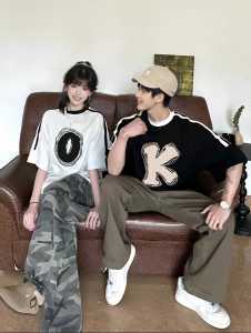 Couples Cotton T-shirt Summer Collection 2025 Short Sleeve Three Bars Print Casual Commute Style Loose Fit round Neck Thin