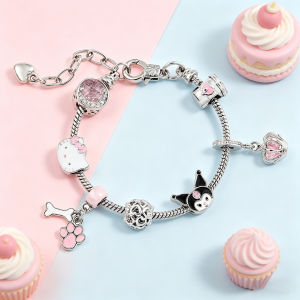 Sanrio | Sanrio Hello Kitty & Kuromi Charm Bracelet Zinc Alloy with Pink Crystal & Paw Print Charms Adjustable Silver Chain