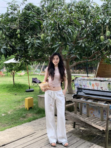 Comfortable Gemstone Linen Pants Three Colors Versatile Casual Straight Leg Wide Leg Ladies Summer Fashion Natural Waist