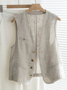 Linen V-neck Suit Jacket Womens Summer Shoulder Pad Cotton Linen Outerwear Stylish Vest Top Quality Fashionable Outer Layer