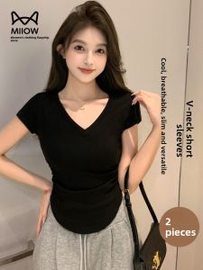 MiiOW | Pure Cotton Black V-neck Short Sleeve T-shirt Womens Summer Slim Fit Base Layer Shoulder Width Regular Street Style Casual