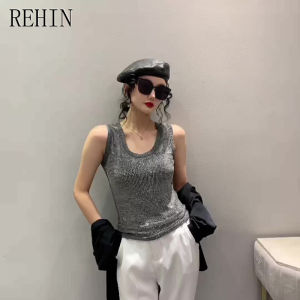 REHIN Của Phụ Nữ T-Shirt Heavy Duty Hot-Khoan Áo vest giảm cân Cho Phụ Nữ phong cách và thanh lịch cổ tròn Và kim cương lấp lánh Trên Các Xe Tăng