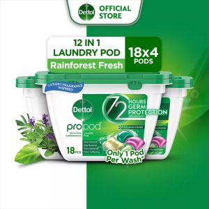 [VALUE BUNDLE] Dettol All in One Laundry Detergent Capsules 72s (18x4) Pods Rainforest Fresh Powerful Laundry Detergent Capsules with Stain Remover for Clothes (Bundle of 4)