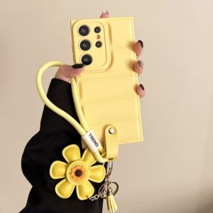 Ins Sunflower Down Jacket Lanyard Case for Samsung Galaxy S25 S26 Ultra S23 S24 S22 Plus A55 A56 A16 A35 A15 Wrist Strap Cover