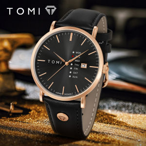 TOMI Trendy Mens Watch Quartz Texture Business Watch with Leather Strap and Weekday Calendar
