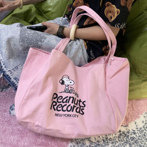 Large Capacity Snoopy Cartoon Print Student Bag Pink Floral Tote Bag Korean Style Canvas Shopping Bag Casual Double Strap