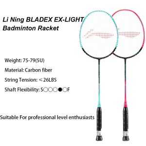 Li Ning 100% Original All Carbon Fiber BLADEX EX LIGHT (5U) Double Rackets with Strings and bag suitable for Professional enthusiasts Tension ≤26LBS both offensive and defensive