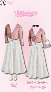 Satu Set Lucu Korean Style Pink (Cardigan Tali + Rok Susun + Tas Kacamata) AM246R Kekinian Wanita Classic Outfit