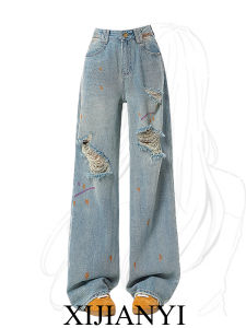 Light Wash Straight Leg Jeans Womens Spring Summer plus Size Loose Wide Leg Pants High Waist Torn Denim Casual Trousers