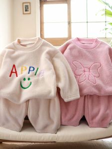 Childrens Loungewear Boys and Girls K-style Thermal Pajamas Suit Fall and Winter Ollie Velvet Thickened Long Johns Top & Bottom Thermal Clothes