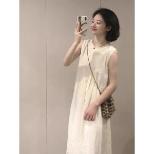 Elegant White Cotton Linen Sleeveless Dress Korean Style A-Line Skirt Loose Fit Fashionable Design Summer Long Dress