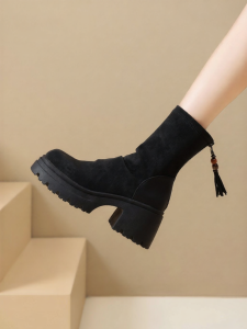 Josiny | black high heel elastic slim mid-calf boots