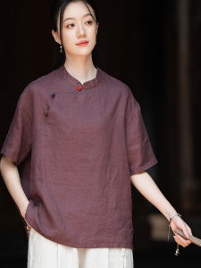 เสื้อเชิ้ตแขนสั้นผ้าลินินคอตตอนสไตล์จีนฤดูร้อนสำหรับผู้หญิง เสื้อเชิ้ตทรงหลวมๆ สีพื้น คอกลม ทรงเข้ารูป ทรงหลวม แขนสั้น