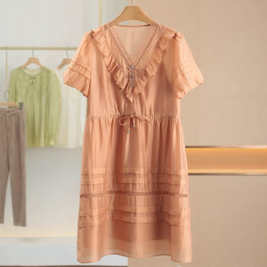 XKing Summer New Style V-neck Lace Trim Bubble Sleeve Dress Womens Sweet Style Mid-length Dress Lenzing Lyocell Fiber