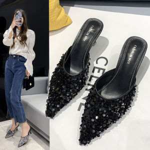 Black Pointed Toe High Heels Womens Slippers Outdoor Wear Sparkling Rhinestone Unique Backless High Heels Spring Summer New Style