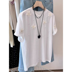 น่าทึ่ง เสื้อยืดแขนสั้นปักมุก ผู้หญิง หลวม Fit ฤดูร้อน เสื้อท่อนบน สําหรับ พลัสไซส์ ทันสมัย ลำลอง สวมใส่