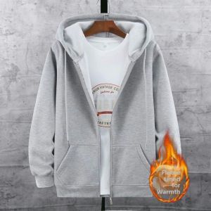Mens Fleece Lined Jacket Sporty Hooded Sweatshirt Casual Wear Autumn Winter Zipper Cardigan Long Sleeve Youth Fashion