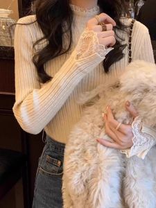 เสื้อเชิ้ตคอปกสูงครึ่งตัวผ้าลูกไม้ถักแขนยาวทรงสลิมฟิตสำหรับผู้หญิง ฤดูใบไม้ร่วง/ฤดูหนาว เสื้อชั้นในสไตล์ฝรั่งเศส ทรงเข้ารูป