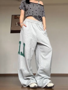 AXEF American Retro Side Letter Print Wide Leg Casual Pants Women Design Sensation Frayed Lazy Style Sports Pants