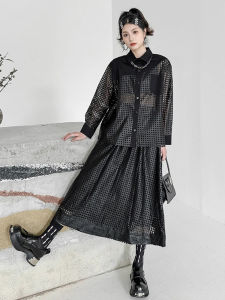 XITAO Hollow Out Dress Sets Black Loose Long Sleeve Turn-down Collar Top Skirt Two Pieces Sets DMJ3941