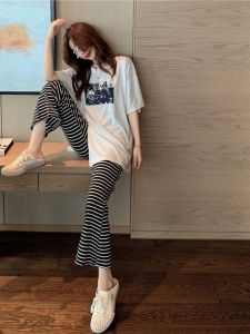 Summer Pure Cotton Womens Sleepwear Short Sleeve Long Pants Casual Thin Home Clothes Outdoors Wearable Sweet Style Home Clothes Set