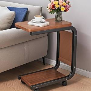 C Shaped Mobile Side Table Rolling Sofa End Table with Storage Pocket Double Storage Shelf Wooden Snack Side Table for Bed Couch Living Room Bedroom Small Space