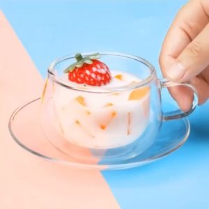 Ly Thuỷ Tinh Hai Lớp Quai Cầm Chịu nhiệt Kèm Muỗng Và Đĩa 150ML Cao Cấp