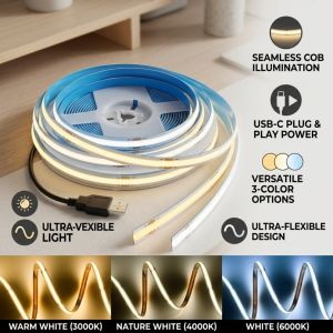 DC5V USB COB LED Strip 320LEDs/M 3000K 4500K 6500K High Density Flexible Lighting Tape Lamp for DIY TV Backlight Home Decoration