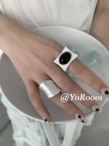 YoRoooi Korean Style Retro Minimalist Irregular Matte Wide Face Black Agate Square Ring Versatile Fashion Jewelry Accessory