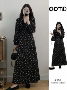 plus Size Floral Print V-Neck Long Sleeve Dress Elegant Slimming Autumn Style A-Line Gown Midi Length Casual Chic Womens Dress