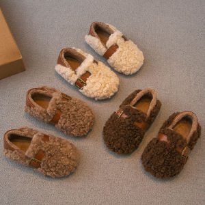 รองเท้าขนยาวเด็กผู้หญิง ฤดูหนาว รองเท้าเด็กสไตล์ใหม่เจ้าหญิง ผ้าฝ้าย รองเท้าคู่ ผ้าฝ้าย ผ้าขนแกะ เด็กทารก รองเท้า Bean Bean สไตล์เกาหลี ส้นแบนหัวกลม