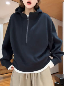 Loose Womens Hoodie Pure Color Half Zip Casual Style Spring Autumn New Korean Version Lazy Style Top Straight Tube Type