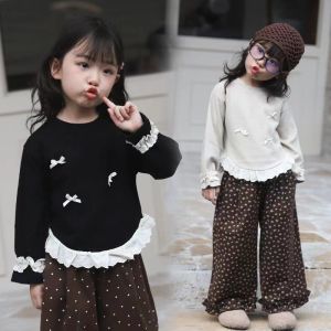 Girls Long Sleeve T-Shirt Butterfly Knot Lace Edge Stylish Top Spring Autumn Base Shirt Sweet Style Polyester Fabric Childrens Wear
