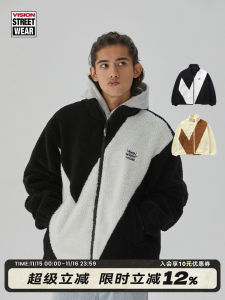 Vision Street Wear Vintage Street Style V-Neck Color Block Lamb Fur Jacket Mens Casual Sportswear Zipper Closure Winter Coat