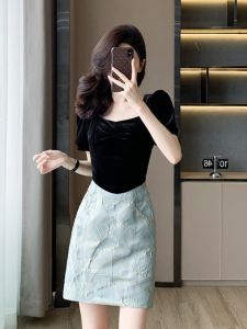 Fashionable Patchwork Summer Dress Womens Waist-Cinching French Style Short A-line Skirt Elegant National Style High-End Feeling