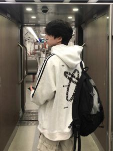 Retro American Streetwear Hooded Fleece Lined Cotton Sweatshirt Mens Heavyweight Pure Cotton Trendy Jacket Casual Print