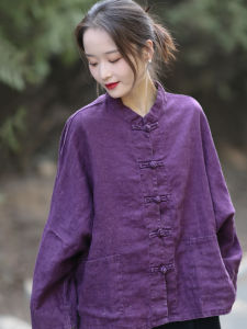 Original Design Oversized Cotton Linen Womens Shirt Artistic Vintage New Chinese Ethnic Style Worn-In Look Long Sleeve Stand Collar